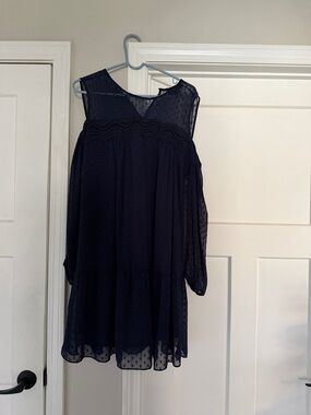 Navy Sheer Swiss Dot Cold-Shoulder Dress